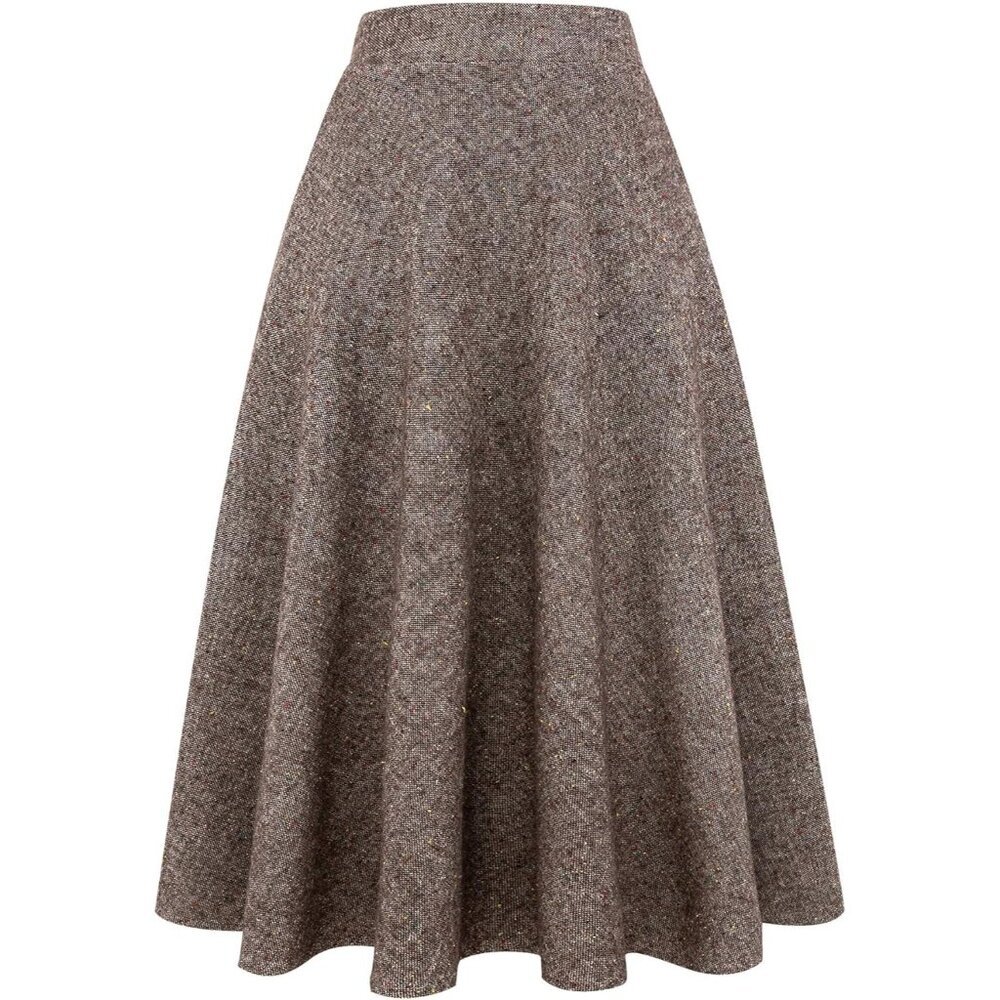 Womens Long Coffee Elastic Waist A-Line Pleated Tartan Long Plaid Wool Skirts